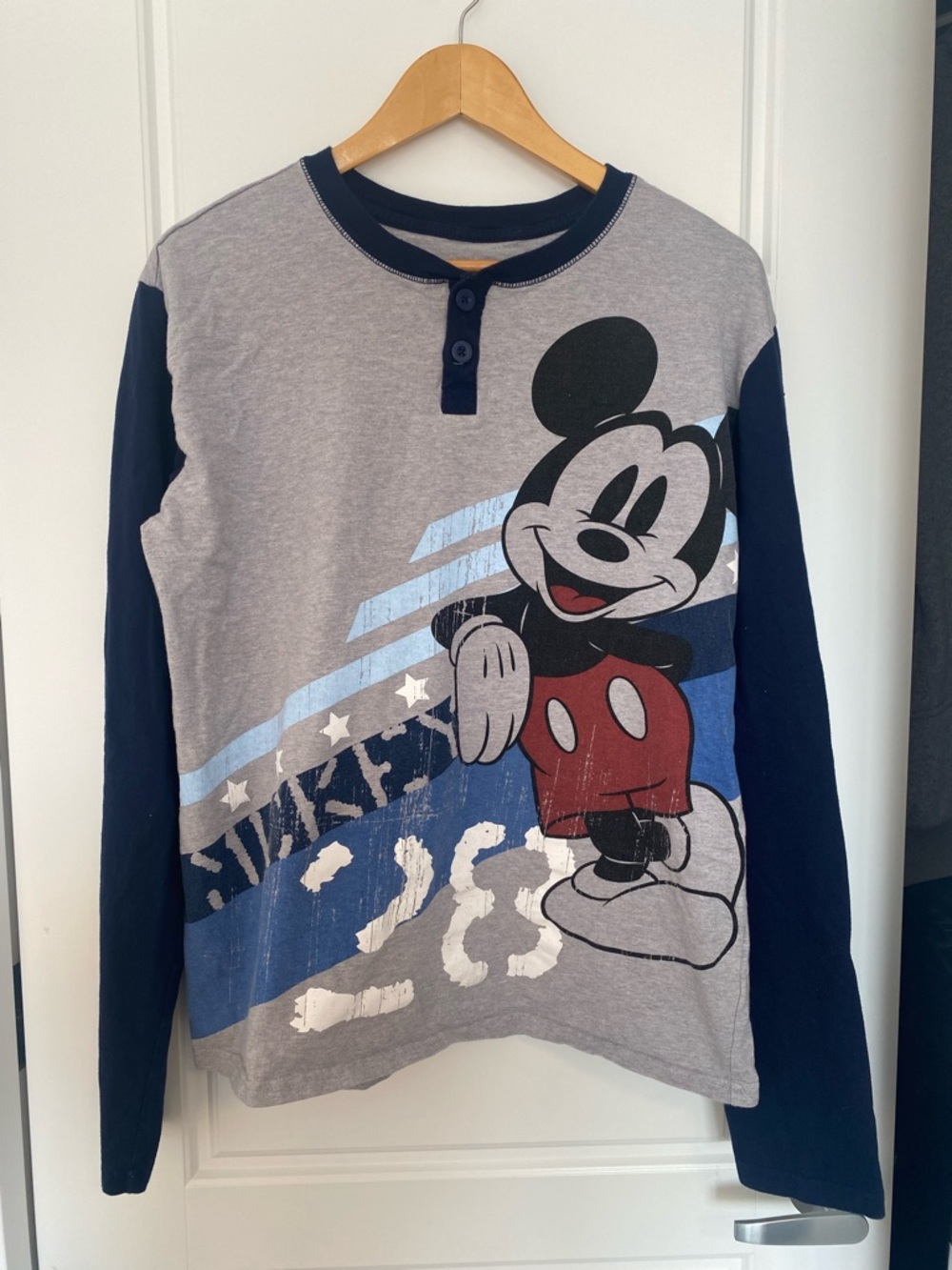 Disney Parks Mickey Mouse Graphic Henley Shirt Men’s Lg Gray Blue Long Sleeve - Picture 2 of 8